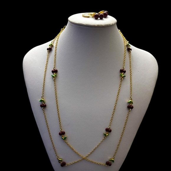 Joan River Custom Enamel Cherry Necklace and Earrings set - Picture 1 of 17